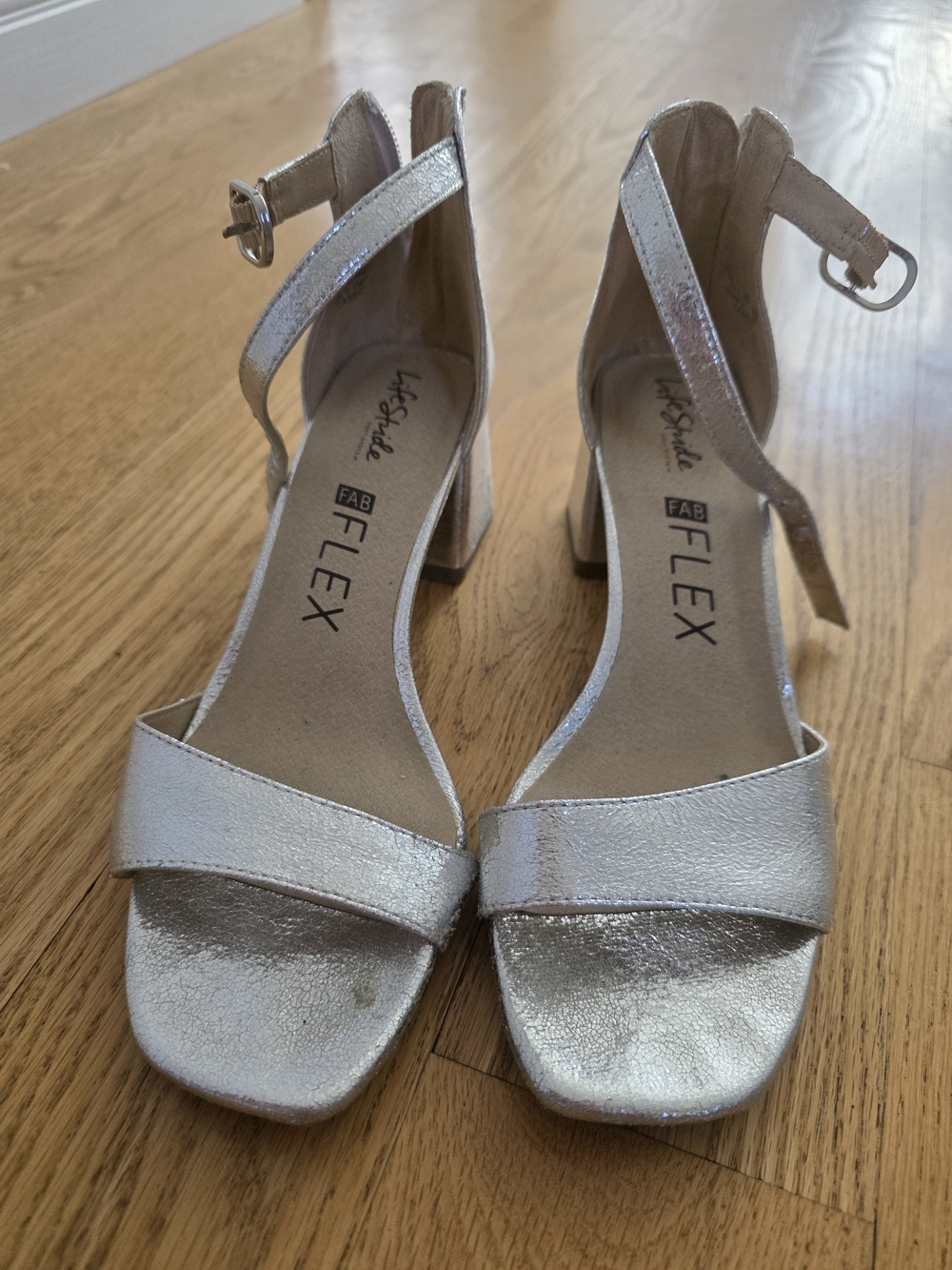 Life Stride Silver Metallic Block Heel Sandals with Ankle Strap